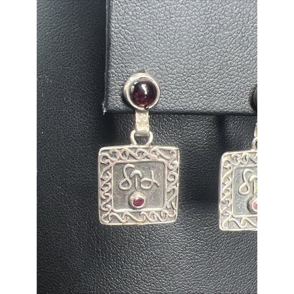 Vintage Sterling Silver Garnet Earrings Stud Square Dangle Geometric 1" Long - Picture 10 of 13
